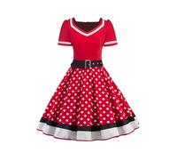 AXOE Femme Robe Vintage Année 50 Pin up Rockabilly Cocktail avec Ceinture Rouge et à Pois Blanc, Taille 46, XXL