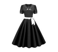 AXOE Femme Robe Vintage Année 50 Rockabilly Chic Robe de Cocktail Rétro Élégante Col Rond Manche Courtes pour Soirée Événement Guinguette Noir, Taille 42, L