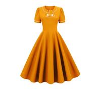 AXOE Femme Robe Vintage Année 50 Rockabilly Chic Robe de Cocktail Rétro Élégante Col Rond Manche Courtes pour Soirée Événement Guinguette Chameau, Taille 38, S
