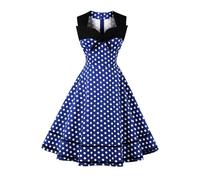 AXOE Femme Robe Vintage Années 50 60 Motifs Pois ou Uni Taille Haute Coupe A Robe Cocktail Soirée Ville Coton Élastique Bleu et Blanc, Taille 42, L