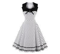 AXOE Femme Robe Vintage Années 50 60 Motifs Pois ou Uni Taille Haute Coupe A Robe Cocktail Soirée Ville Coton Élastique Blanc et Noir, Taille 46, XXL