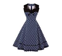AXOE Femme Robe Vintage Années 50 60 Motifs Pois ou Uni Taille Haute Coupe A Robe Cocktail Soirée Ville Coton Élastique Marine Bleu et Blanc, Taille 38, S
