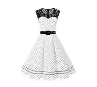 AXOE Femme Robe Vintage Années 50 Motifs Pois & Fleurs Ceinture Amovible Mariage Cocktail Tous Les Jours Blanc et Noir à Pois, Taille 40, M