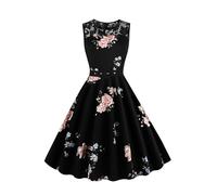 AXOE Femme Robe Vintage Années 50 Motifs Pois & Fleurs Ceinture Amovible Mariage Cocktail Tous Les Jours Noir et Fleurs F04, Taille 50, 4XL