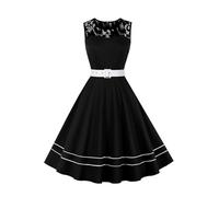 AXOE Femme Robe Vintage Années 50 Motifs Pois & Fleurs Ceinture Amovible Mariage Cocktail Tous Les Jours Noir et Blanc, Taille 46, XXL
