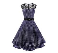 AXOE Femme Robe Vintage Années 50 Motifs Pois & Fleurs Ceinture Amovible Mariage Cocktail Tous Les Jours Bleu Marine et Blanc à Pois, Taille 46, XXL