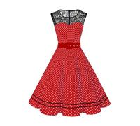 AXOE Femme Robe Vintage Années 50 Motifs Pois & Fleurs Ceinture Amovible Mariage Cocktail Tous Les Jours Rouge et Blanc à Pois, Taille 50, 4XL
