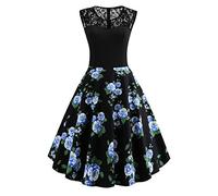 AXOE Femme Robe Vintage Années 50 Pin Up Mi Longue en Coton et Dentelle Robe de Cérémonie Taille Empire pour Mariage, Cocktail & Soirée Noir F12, Taille 38, S