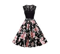 AXOE Femme Robe Vintage Années 50 Pin Up Mi Longue en Coton et Dentelle Robe de Cérémonie Taille Empire pour Mariage, Cocktail & Soirée Noir F8, Taille 44, XL