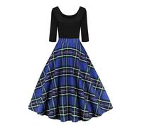 AXOE Femme Robe Vintage Années 50 Pin up Rockabilly 3/4 Manche Longne Noire avec à Carreaux Bleu F7B, Taille 46, XXL