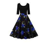 AXOE Femme Robe Vintage Années 50 Pin up Rockabilly 3/4 Manche Longne Noire avec Fleurs de Rose Bleu F10B, Taille 38, S