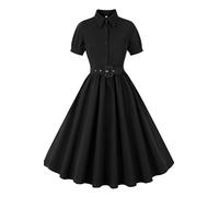AXOE Femme Robe Vintage Années 50 Pin up Unie Elegante avec Ceinture Fixe Manches Courtes pour Travail Cocktail Noir, Taille 44, XL
