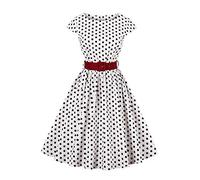 AXOE Femme Robe Vintage Années 50 Tissu Coton Respirant Coupe A-Line Ceinture Amovible Col Bateau Blanche à Pois Noir, Taille 44, XL