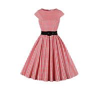 AXOE Femme Robe Vintage Années 50 Tissu Coton Respirant Coupe A-Line Ceinture Amovible Col Bateau Blanche à Carreaux Rouge, Taille 50, 4XL