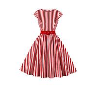 AXOE Femme Robe Vintage Années 50 Tissu Coton Respirant Coupe A-Line Ceinture Amovible Col Bateau Blanche Rayures Rouge, Taille 42, L