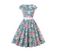 AXOE Femme Robe Vintage Années 50 Tissu Coton Respirant Coupe A-Line Ceinture Amovible Col Bateau Elegant Motif Floral F05, Taille 44, XL