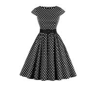 AXOE Femme Robe Vintage Années 50 Tissu Coton Respirant Coupe A-Line Ceinture Amovible Col Bateau Noir à Pois Blanc, Taille 46, XXL