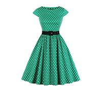 AXOE Femme Robe Vintage Années 50 Tissu Coton Respirant Coupe A-Line Ceinture Amovible Col Bateau Verte à Pois Blanche, Taille 40, M