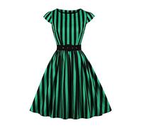 AXOE Femme Robe Vintage Années 50 Tissu Coton Respirant Coupe A-Line Ceinture Amovible Col Bateau Vert Rayures Noir, Taille 46, XXL