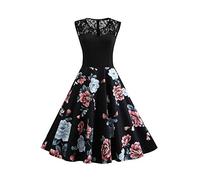 Axoe Femmes Robe Année 50 Pin up Imprimeé Dentelle Taille Empire - Noir - 42 / L