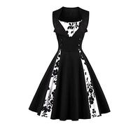 AXOE Robe Femme Vintage Années 50 en Coton Extensible Robe de Cocktail Chic et Élégante Mariage, Soirée, Guinguetteà Fleurs Noir, Taill 46, XXL