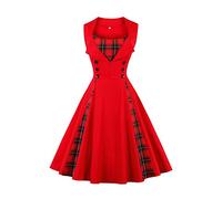 AXOE Robe Femme Vintage Années 50 en Coton Extensible Robe de Cocktail Chic et Élégante Mariage, Soirée, Guinguette Carreaux Rouge, Taill 38, S