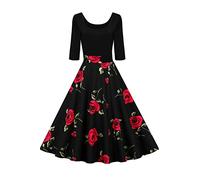 AXOE Robe Vintage Femme Années 50 Rockabilly Manches 3/4 | Haut Noir Extensible avec Jupe Imprimée en Coton, Taille Empire, pour Garden-party, Événement Rétro, Dîner, Mariage Invitée