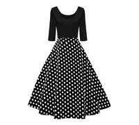 AXOE Robe Vintage Femme Années 50 Rockabilly Manches 3/4 | Haut Noir Extensible avec Jupe Imprimée en Coton, Taille Empire, pour Garden-party, Événement Rétro, Dîner, Mariage Invitée