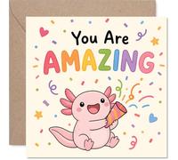 Axolotl Carte d'anniversaire - Explosion de célébrations - Rose joyeux avec bouton-pression de fête, confettis arc-en-ciel et cœurs - Carré de 145 mm, enveloppe incluse