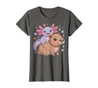 Axolotl et Capybara Kawaii Mignon Animal Buddy Design T-Shirt, Femme, Asphalte, XS