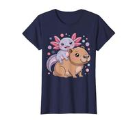 Axolotl et Capybara Kawaii Mignon Animal Buddy Design T-Shirt, Femme, Bleu Marine, M
