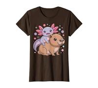 Axolotl et Capybara Kawaii Mignon Animal Buddy Design T-Shirt, Femme, Marron, S
