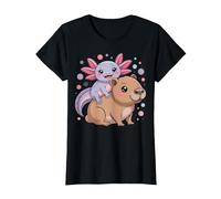 Axolotl et Capybara Kawaii Mignon Animal Buddy Design T-Shirt, Femme, Noir, M
