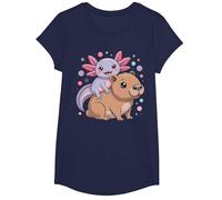 Axolotl et Capybara Kawaii Mignon Animal Buddy Design T-Shirt, Fille, Bleu Marine, M