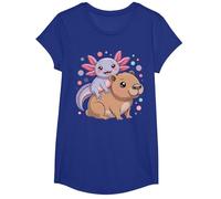 Axolotl et Capybara Kawaii Mignon Animal Buddy Design T-Shirt, Fille, Bleu Royal, M