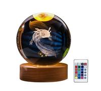 Axolotl Veilleuse boule de cristal 3D Axolotl en verre avec base en bois 8 cm Lampe boule de cristal Axolotl 16 couleurs avec télécommande pour chambre à coucher, salon, table de table (8 cm)