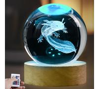 Axolotl Veilleuse, en boule de cristal, 16 couleurs, 3D, boule en verre, avec télécommande, cadeau Axolotl de 8 cm, avec base en bois, lampe décorative claire axolotl pour garçons et filles