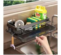 Axroad Mall Étagère murale pour évier de cuisine, sans perçage, porte-éponge pour évier bien rangé, organiseur de vaisselle avec plateau d'égouttement amovible et crochets (noir)
