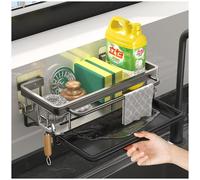 Axroad Mall Étagère murale pour évier de cuisine, sans perçage, porte-éponge pour évier bien rangé, organiseur de vaisselle avec plateau d'égouttement amovible et crochets (gris)