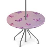 Axurera Nappe ronde d'extérieur avec trou de parasol et fermeture éclair, motif papillon rose violet dégradé, avec élastique, imperméable, facile à nettoyer, pour tables de 91,4 à 111,8 cm