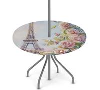 Axurera Nappe ronde d'extérieur avec trou de parasol et fermeture éclair, motif Tour Eiffel de Paris, rose, avec élastique, imperméable, facile à nettoyer, pour tables de 91,4 à 111,8 cm