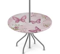 Axurera Nappe ronde d'extérieur avec trou de parasol et fermeture éclair, rose, papillon sur rose, élastique, imperméable, facile à nettoyer, pour tables de 91,4 à 111,8 cm