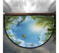 Axurera Tapis demi-rond, bleu tropical, palmiers, perroquets, paillasson semi-circulaire lavable pour entrée, salle de bains, chambre à coucher, paillasson antidérapant, 91,4 x 61 cm