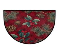 Axurera Tapis demi-rond, branche de pomme de pin, houx, baie sur tartan rouge, paillasson lavable, pour entrée, salle de bain, chambre à coucher, paillasson antidérapant, 91,4 x 61 cm