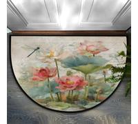 Axurera Tapis demi-rond, fleurs de lotus, libellule sur fond vintage, lavable, pour entrée, salle de bain, chambre à coucher, paillasson antidérapant, 91,4 x 61 cm