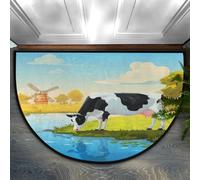 Axurera Tapis demi-rond, jolie vache de ferme pâturant au bord de la rivière, paillasson semi-circulaire lavable pour entrée intérieure, salle de bain, chambre à coucher, paillasson antidérapant, 91,4