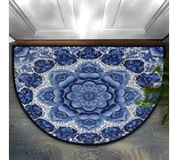 Axurera Tapis demi-rond, mandala bohème bleu, motif floral bleu, paillasson semi-circulaire lavable pour entrée, salle de bain, chambre à coucher, paillasson antidérapant, 91,4 x 61 cm