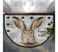 Axurera Tapis demi-rond, motif Happy Easter Lapin marron sur gris, lavable, pour entrée, salle de bains, chambre à coucher, paillasson antidérapant, 91,4 x 61 cm