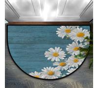 Axurera Tapis demi-rond, motif marguerites blanches sur bois bleu, paillasson antidérapant, lavable, pour entrée, salle de bains, chambre à coucher, 91,4 x 61 cm