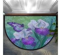 Axurera Tapis demi-rond, motif papillon et fleurs d'iris sur vert, paillasson semi-circulaire lavable pour entrée, salle de bains, chambre à coucher, paillasson antidérapant, 91,4 x 61 cm